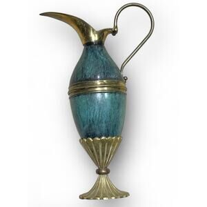 Vtg Dayagi Brass Pitcher Enamel Verdigris Judaica Israel Green Turquoise 15”